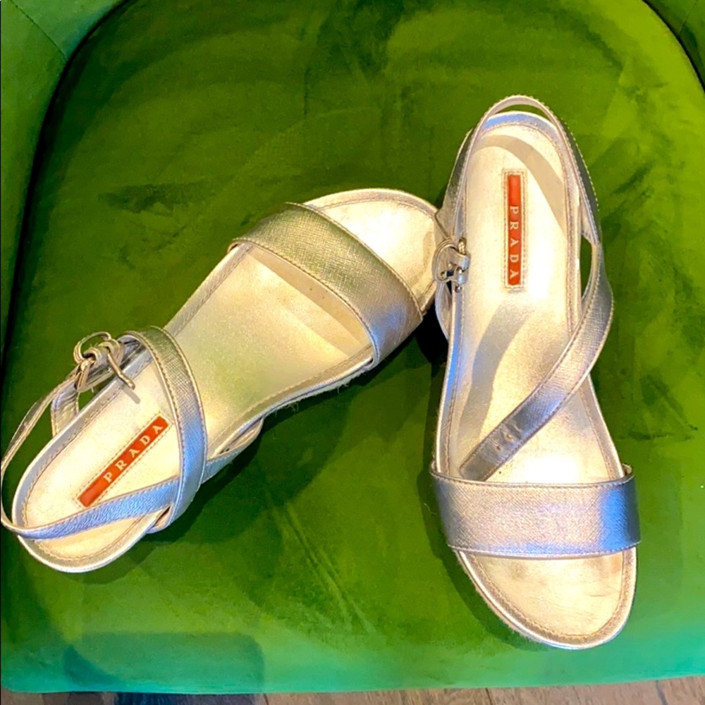 PRADA metallic silver espadrille sandle